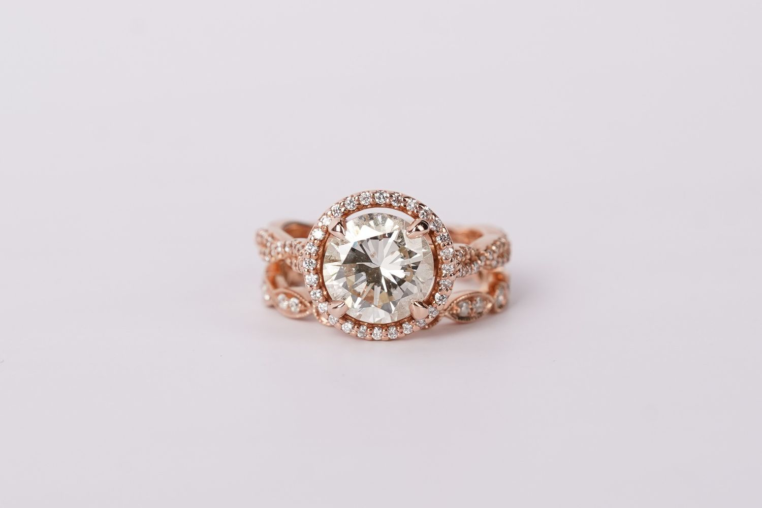 RTPTX- 14KR 6.00g 3.08ctw (2.18ctr) M-N/SI1 Round Diamond Halo Wedding Set (size 5)