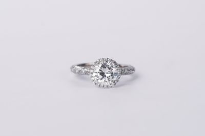 NNTP- 14KW 3.08g 1.54ctw (1.29ctr) F/SI1 GIA Round Diamond Halo Engagement Ring (size 5.25)