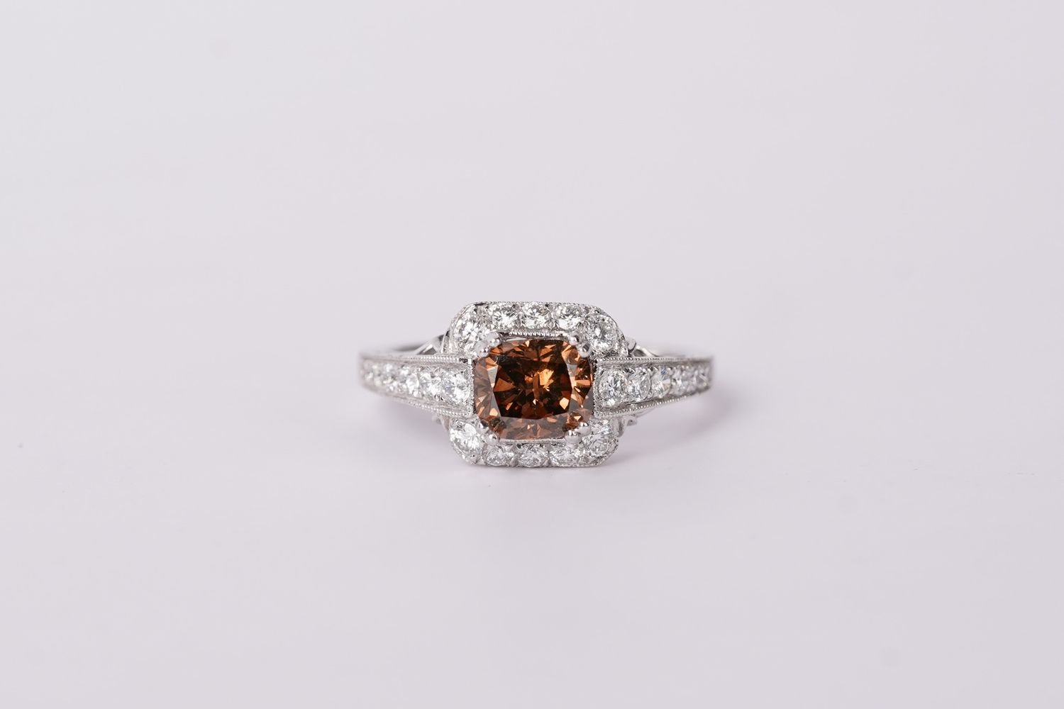 Platinum 5.1g 1.69ctw (1.09ctr) Chocolate VS2 Radiant Diamond Halo Engagement Ring (size 6.5)