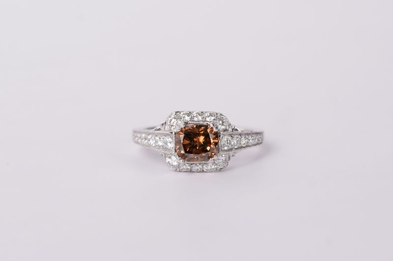 Platinum 5.1g 1.69ctw (1.09ctr) Chocolate VS2 Radiant Diamond Halo Engagement Ring (size 6.5)