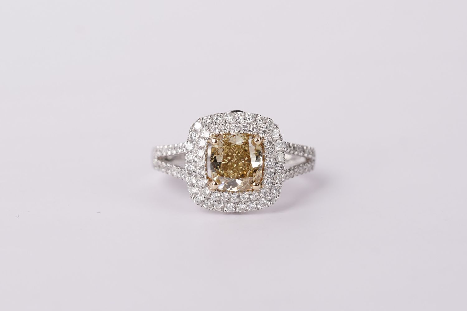 NITP-14KWY 4.6g 2.31TW (1.51ctr) Fancy Yellow/SI2 Cushion Diamond Double Halo Engagement Ring (size 5.5)