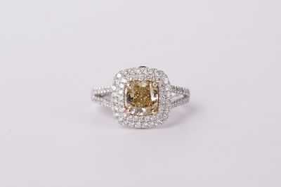 NITP-14KWY 4.6g 2.31TW (1.51ctr) Fancy Yellow/SI2 Cushion Diamond Double Halo Engagement Ring (size 5.5)