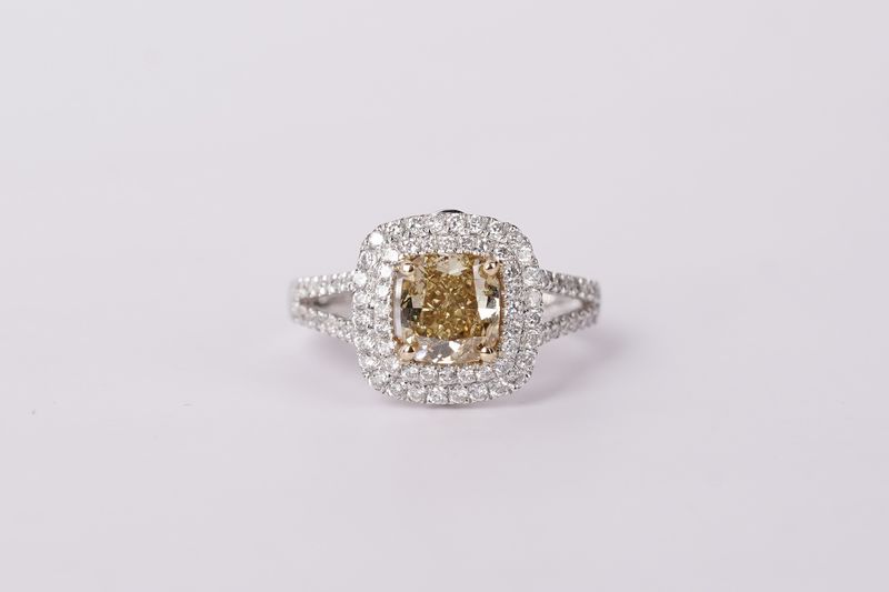 NITP-14KWY 4.6g 2.31TW (1.51ctr) Fancy Yellow/SI2 Cushion Diamond Double Halo Engagement Ring (size 5.5)