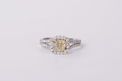 VDET- 14KW 3.24g 1.20ctw (.80ctr) FY/VS2 Cushion Diamond Halo Engagement Ring (size 6.5)