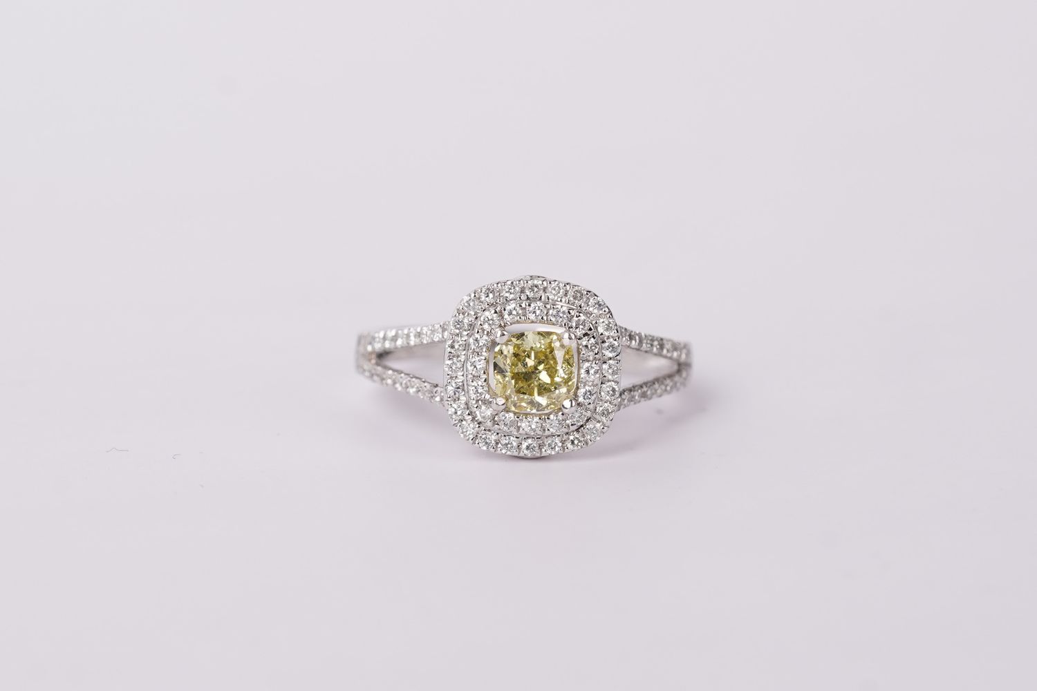 14KW 3.7g 1.30ctw (.66ctr) FY/SI1 Cushion Diamond Double Halo Engagement Ring (size 6.25)