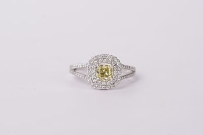 14KW 3.7g 1.30ctw (.66ctr) FY/SI1 Cushion Diamond Double Halo Engagement Ring (size 6.25)