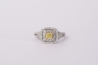 14KW/18KY 4.95g 1.10ctw (.50ctr)FY/VS1 Cushion Diamond Double Halo Engagement Ring (size 6.5)
