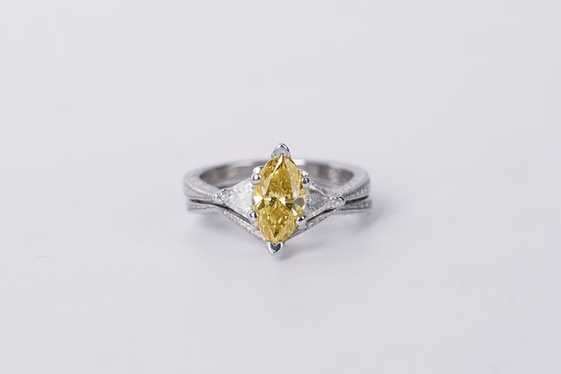 Platinum 6.4g 1.41ctw (1.01ctr) FY/SI2 Marquise Diamond Three Stone Wedding Set (size 4)