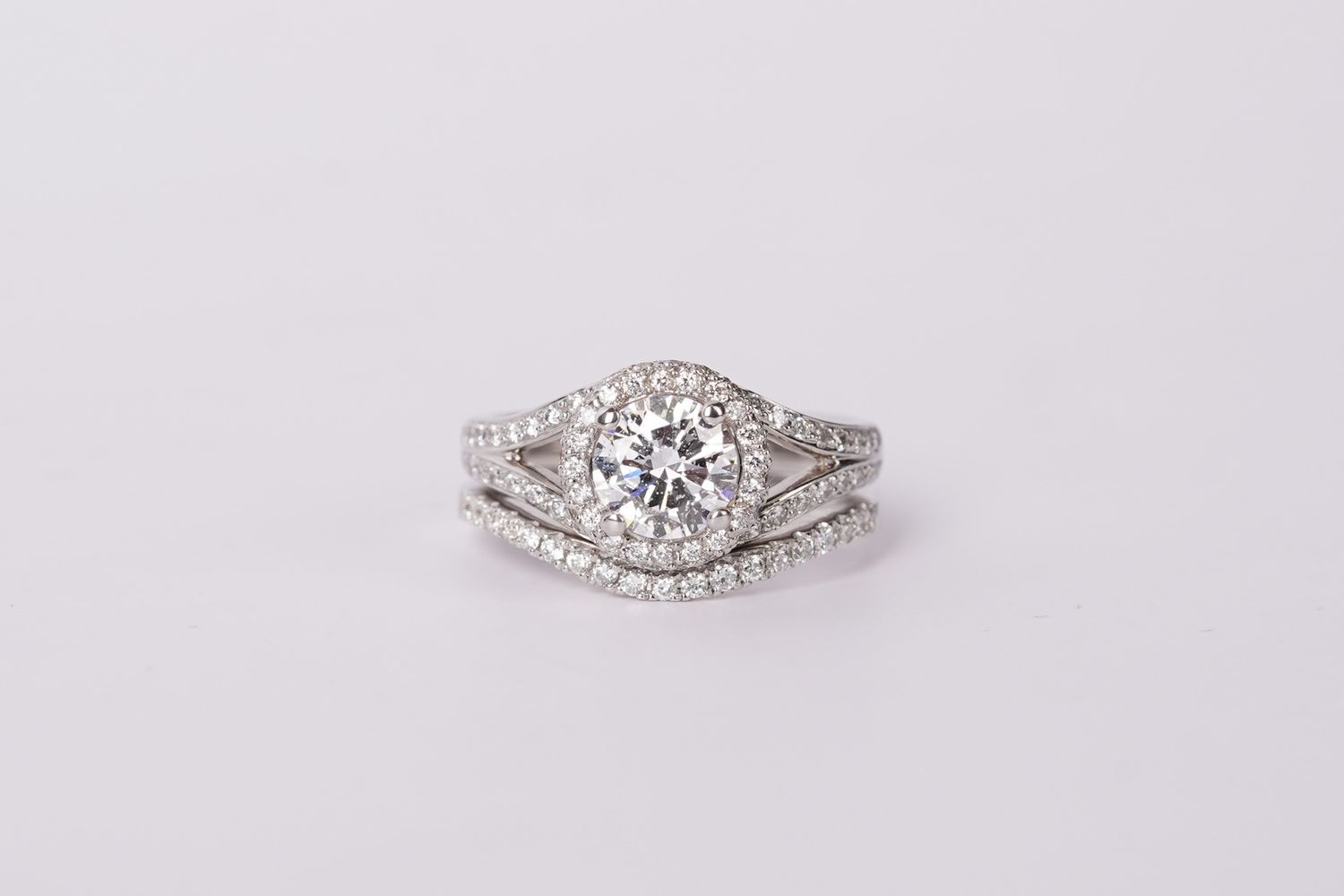 NLTT- 18KW 7.26g 2.00ctw (1.10ctr) D/SI2 Round Diamond Halo Wedding Set (size 6.5)