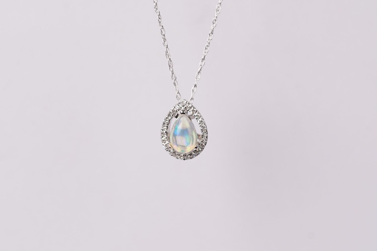 VLL- 14KW 1.17g .30ctw Opal &amp; Diamond Halo Pendant 18&quot;