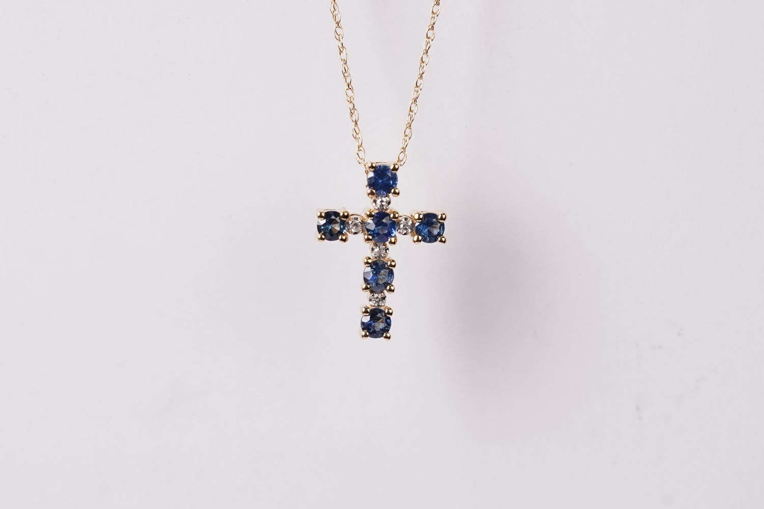 VBL- 14KY 1.47g .55ctw Sapphire &amp; Diamond Cross Necklace 18&quot;