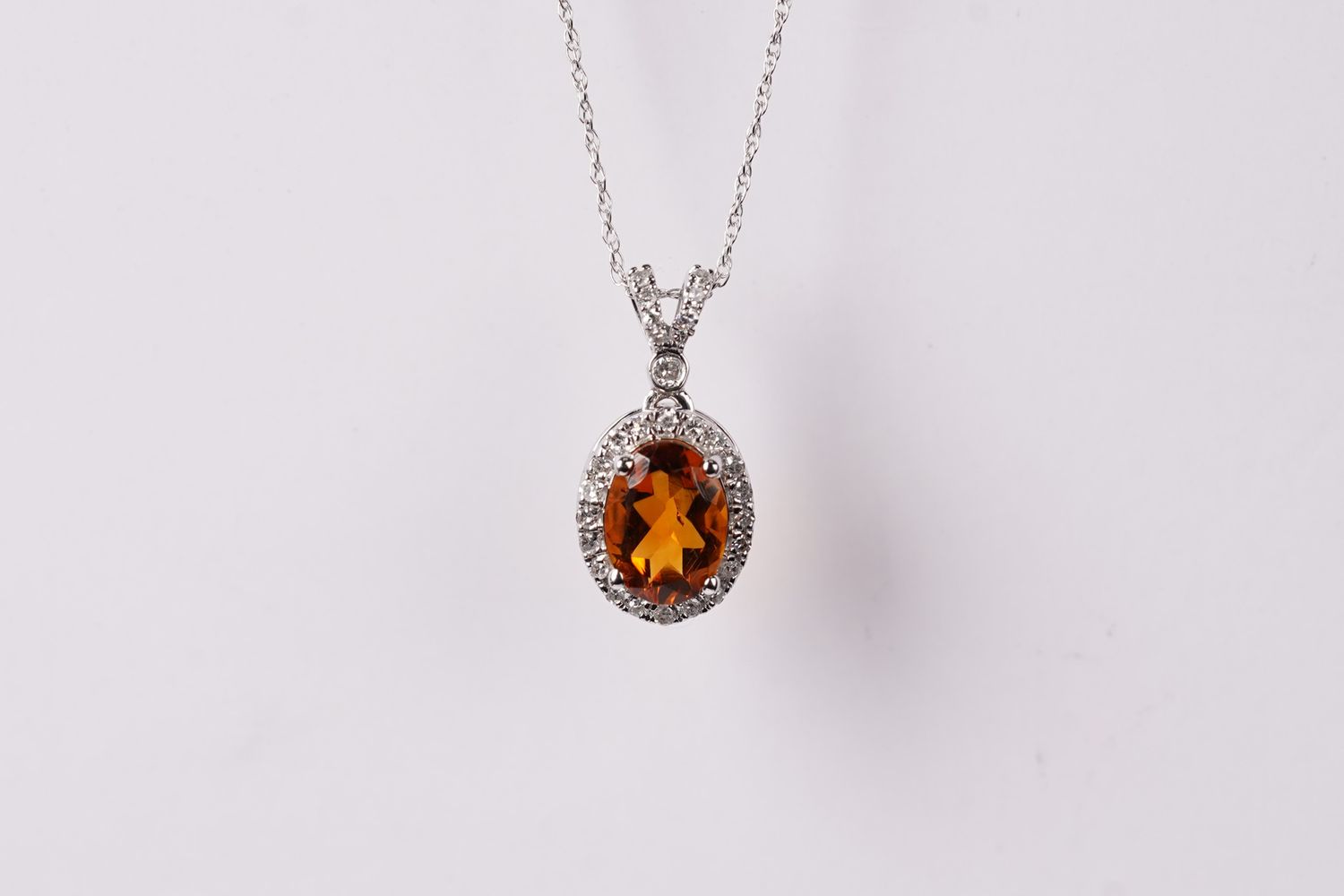 AAL- 14KW 1.84g 1.27ctw (1.10ctr) Citrine &amp; Diamond Halo Pendant 18&quot;