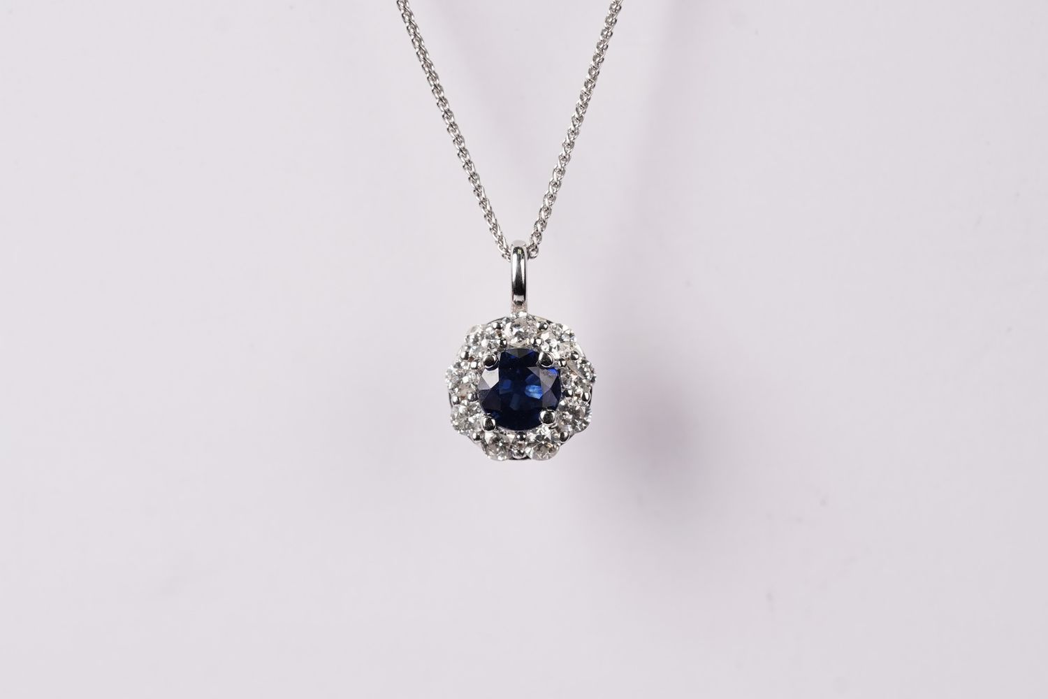 ELLX- 14KW 2.37g 1.20ctw (.70ctr) Sapphire &amp; Diamond Halo Necklace 18&quot;