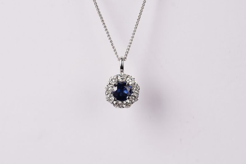 ELLX- 14KW 2.37g 1.20ctw (.70ctr) Sapphire &amp; Diamond Halo Necklace 18"