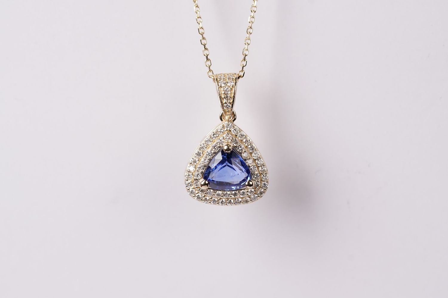 ATBT- 14KY 5.55g 2.25ctw (1.82ctr) Sapphire &amp; Diamond Halo Pendant 18-20&quot;