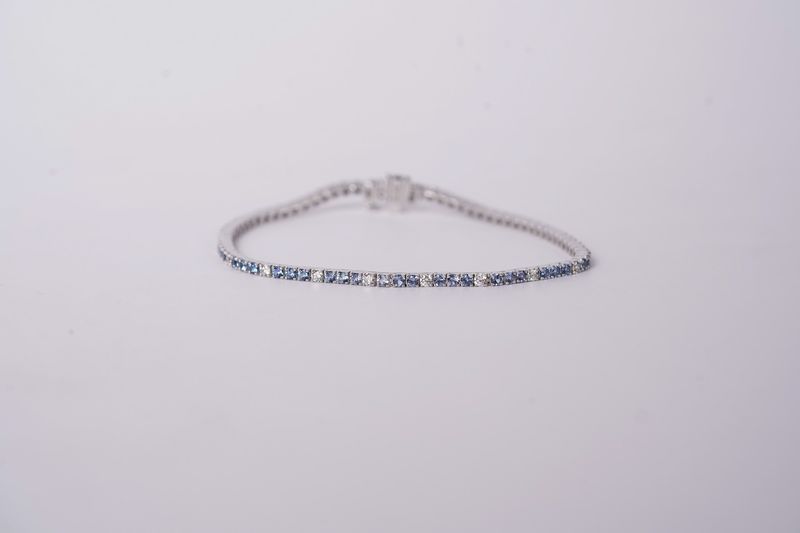 ADTT- 14KW 8.37g 3.05ctw Montana Sapphire &amp; Diamond Tennis Bracelet 7.25&quot;