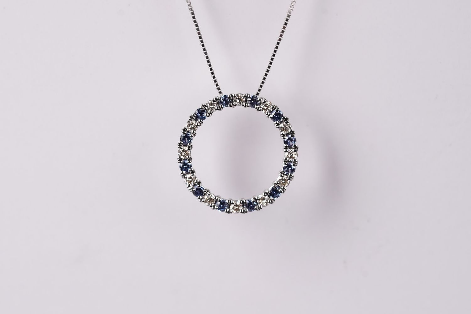 EDTX- 14KW 2.43g .60ctw Montana Sapphire &amp; Diamond Circle Necklace 18&quot;
