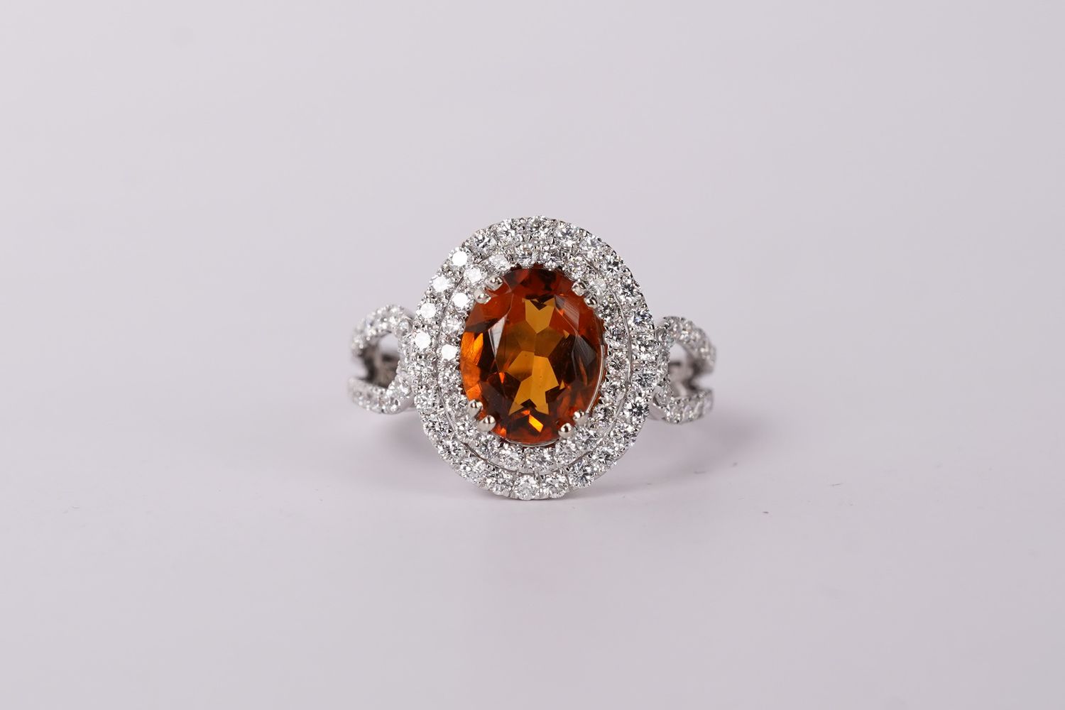 RLTX- 18KW 5.14g 3.20ctw (2.20ctr) Citrine &amp; Diamond Halo Fashion Ring (size 7)