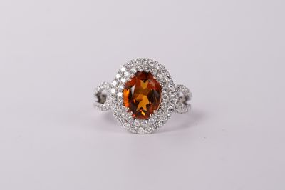 RLTX- 18KW 5.14g 3.20ctw (2.20ctr) Citrine &amp; Diamond Halo Fashion Ring (size 7)
