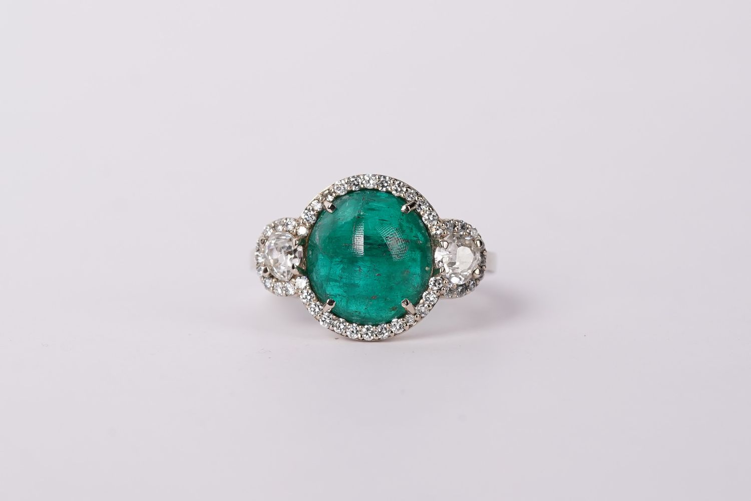 AETT- 18KW 4.58g 3.72ctw (3.00ctr) Emerald &amp; Diamond Antique Ring (size 6.5)
