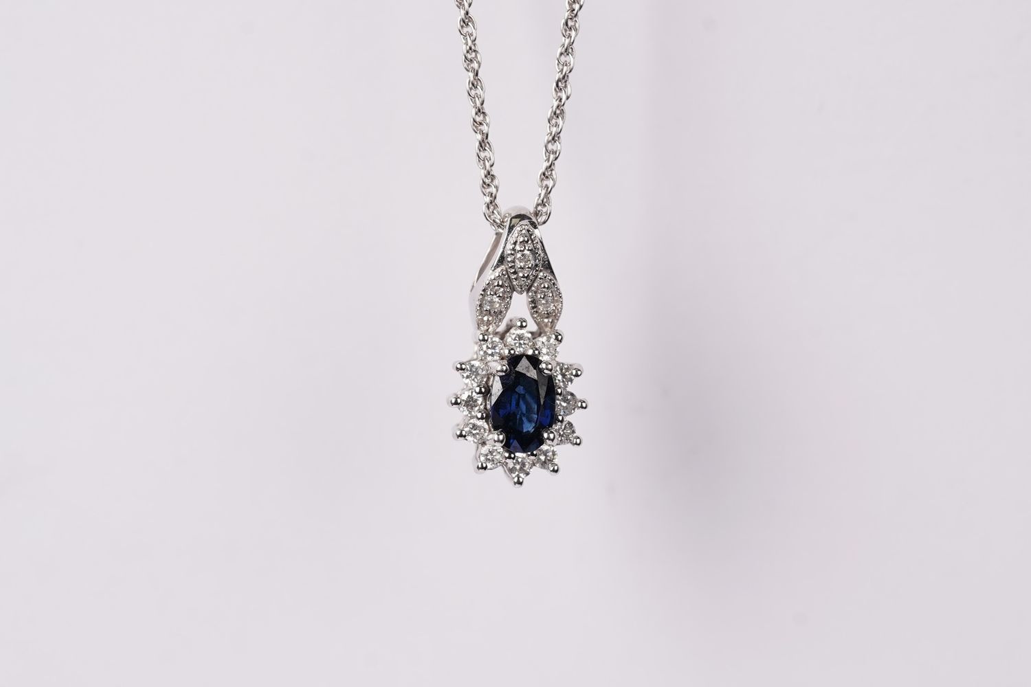 ETTX- 14KW 4.00g .65ctw Sapphire &amp; Diamond Halo Necklace 18&quot;