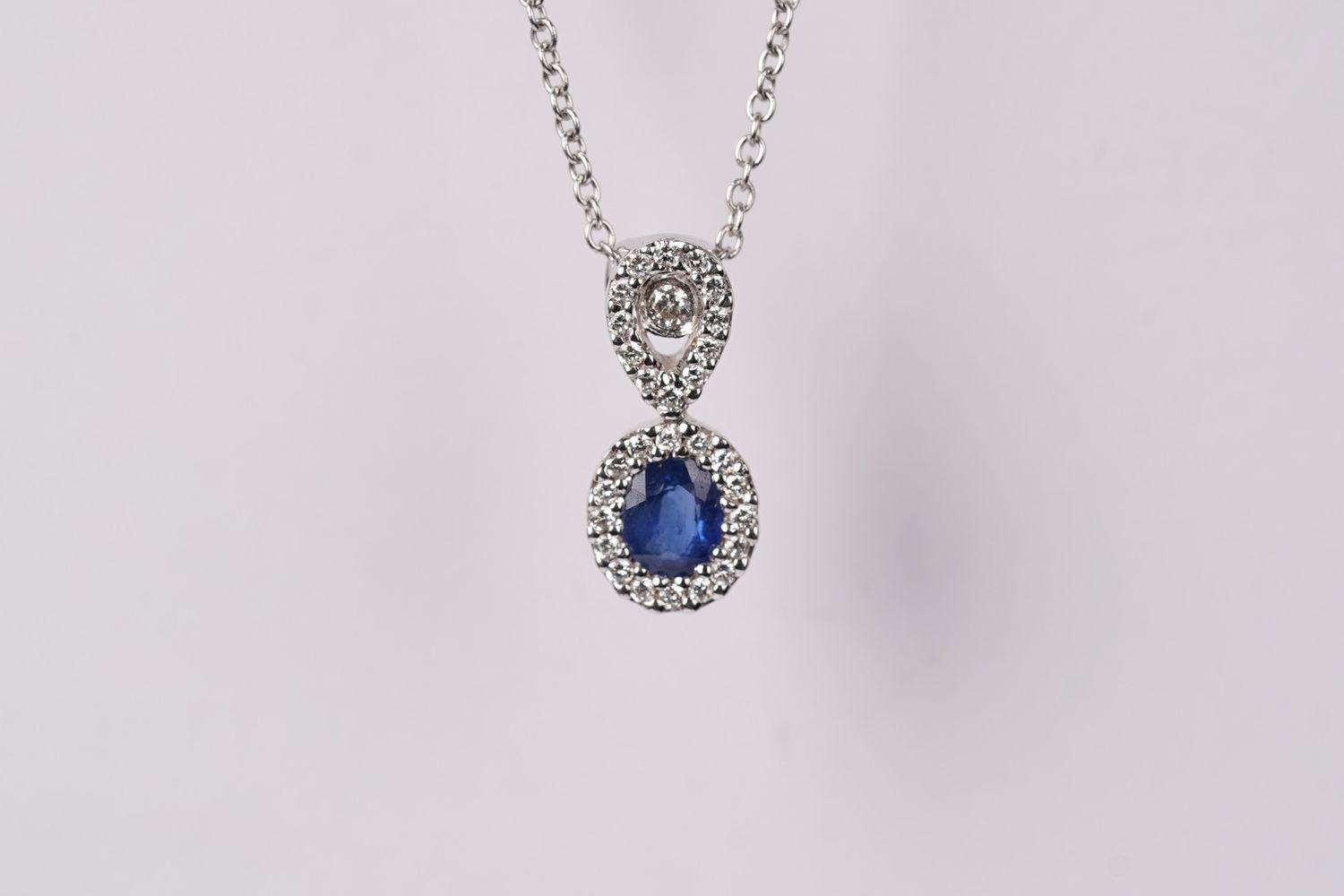 DTT- 14KW 3.45g .50ctw Sapphire &amp; Diamond Halo Necklace 16&quot;