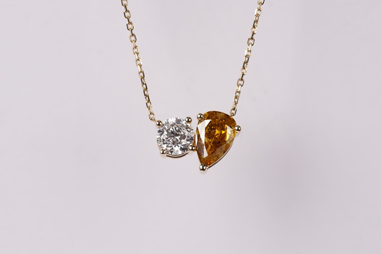 ATPT- 14KY 3.00g 1.53ctw Pear &amp; Round Diamond Two Stone Necklace 16-18&quot;