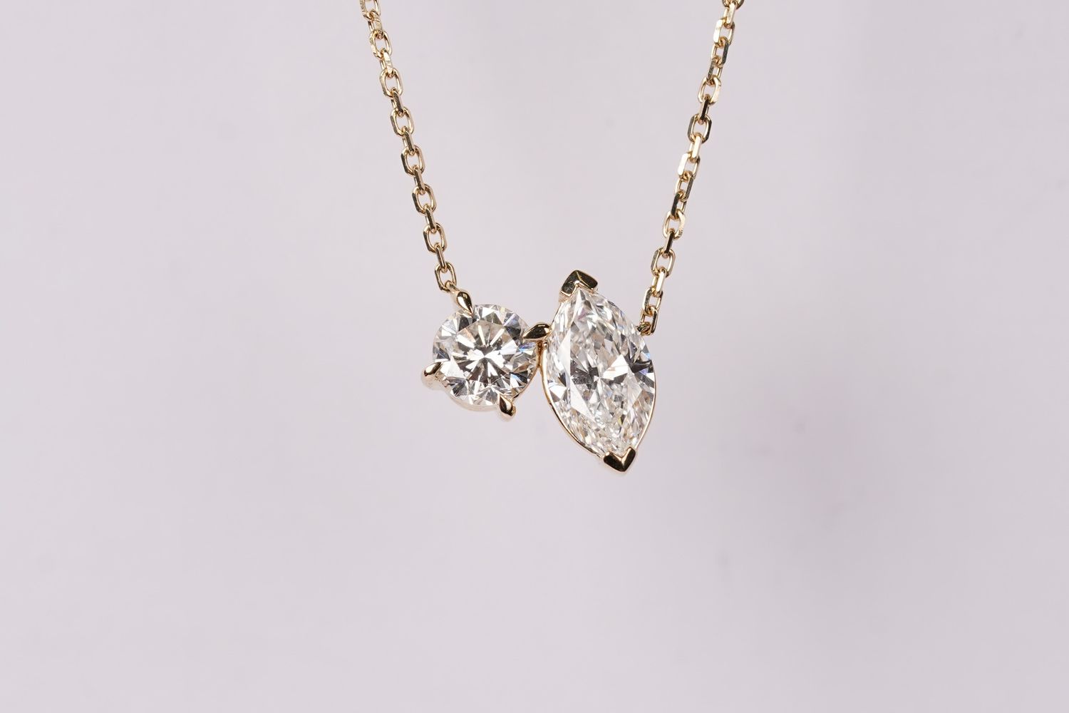 VEDT- 14KY 2.46g 1.15ctw Marquise &amp; Round Diamond Two Stone Necklace 16-18&quot;