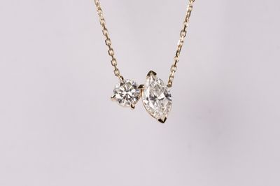 VEDT- 14KY 2.46g 1.15ctw Marquise &amp; Round Diamond Two Stone Necklace 16-18&quot;