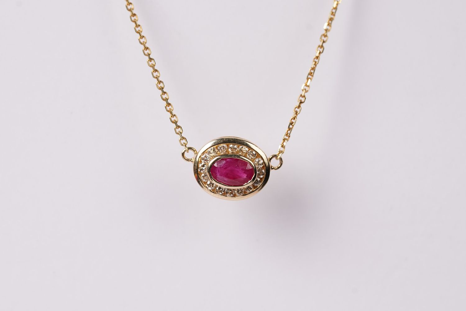 DTTX- 14KY 2.51g .58ctw (.50ctr) Ruby &amp; Diamond Halo Necklace 16&quot;