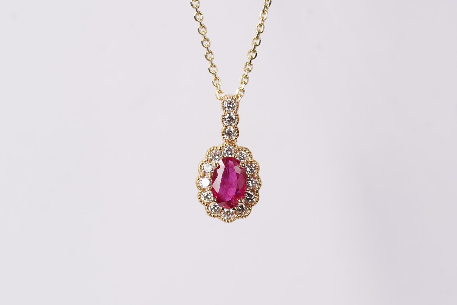 EETX- 14KY 3.22g .90ctw Ruby &amp; Diamond Halo Necklace 16-18&quot;
