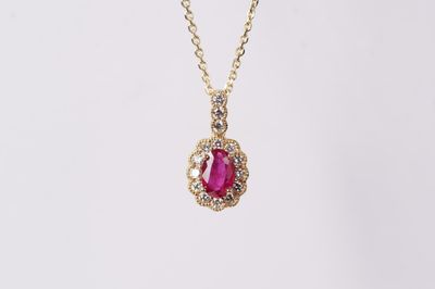 EETX- 14KY 3.22g .90ctw Ruby &amp; Diamond Halo Necklace 16-18&quot;