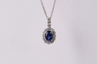 EETX- 18KW 2.40g .90ctw Sapphire &amp; Diamond Halo Necklace 18&quot;