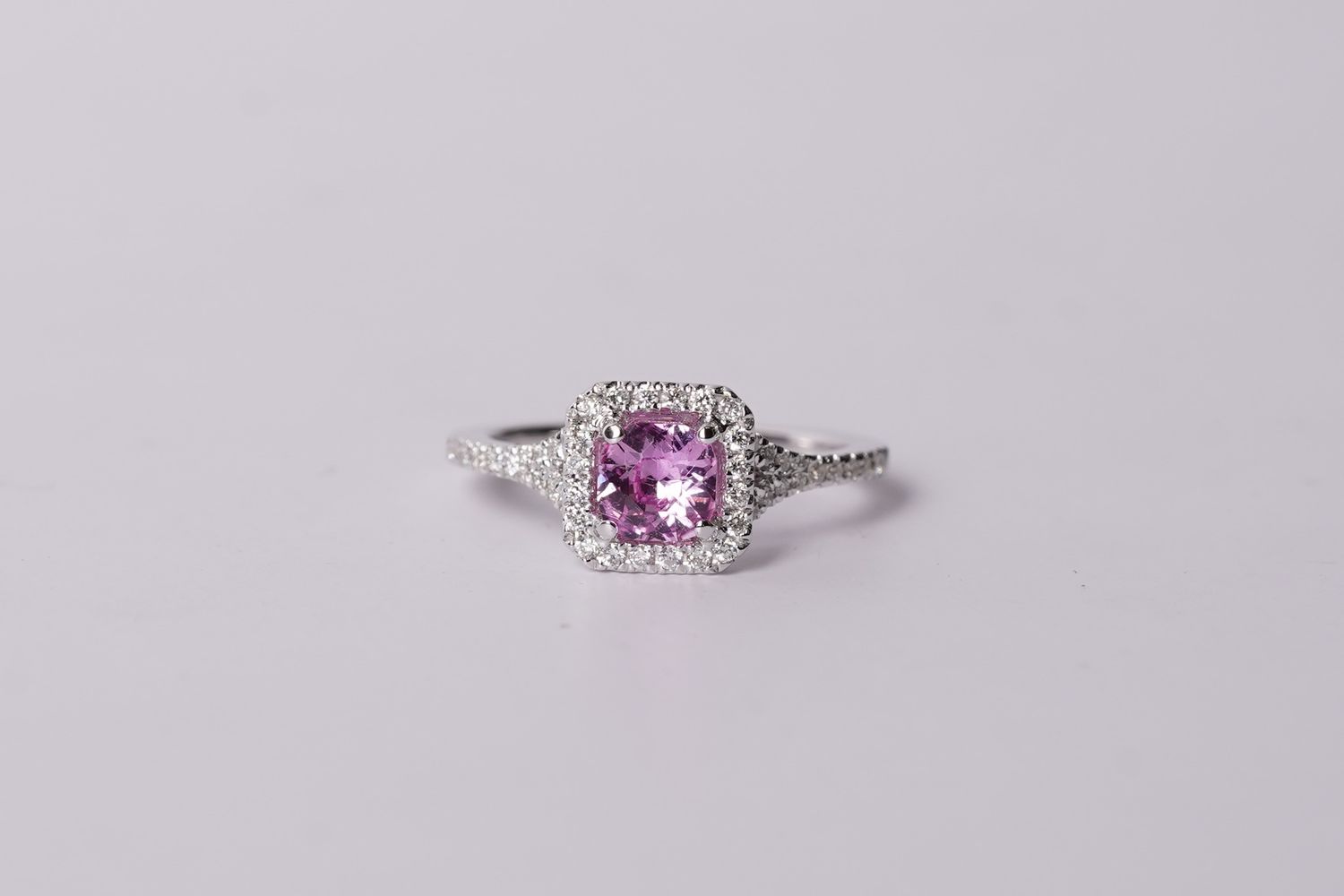 18KW 3.64g 1.49ctw (1.20ctr) Sapphire &amp; Diamond Halo Ring (size 6.75)