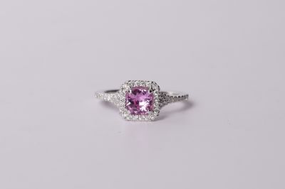 18KW 3.64g 1.49ctw (1.20ctr) Sapphire &amp; Diamond Halo Ring (size 6.75)