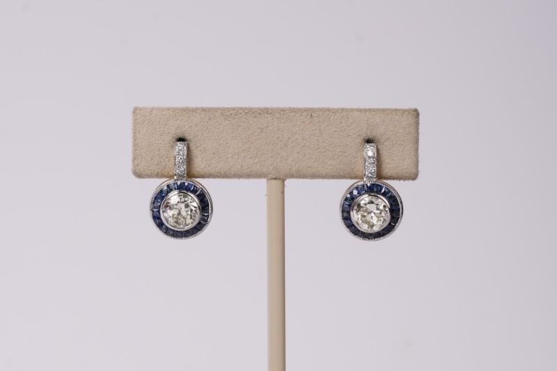 NITP-18KY/Platinum 3.06ctw Diamond &amp; Sapphire Antique Dangle Earrings