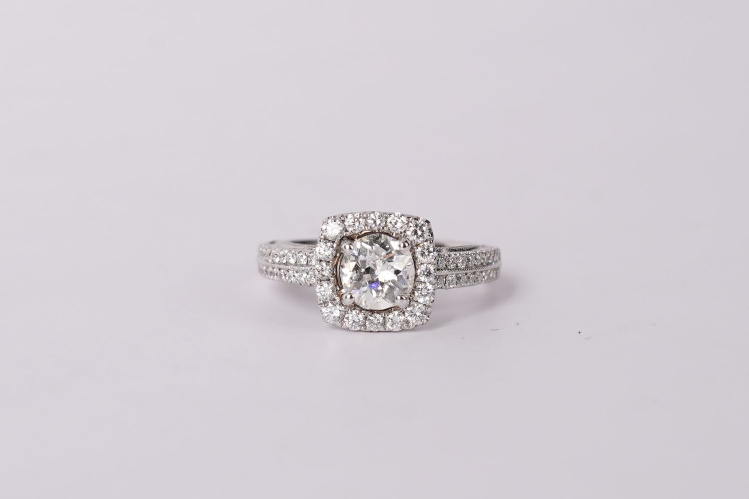 ADTT- 14KW 4.40g 1.42ctw (.92ctr) I/SI2 Old European Cut Diamond Halo Engagement Ring (size 6)