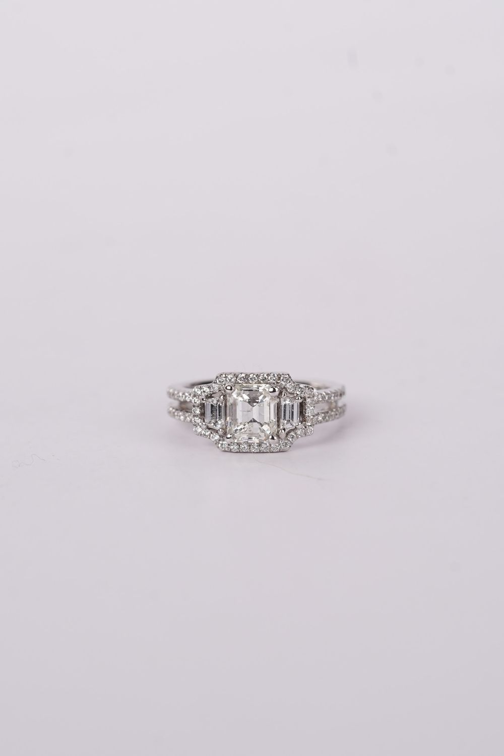 14KW 3.76g 1.81ctw (1.03ctr) I/I1 Emerald Cut Diamond Three Stone Halo Engagement Ring (size 5)