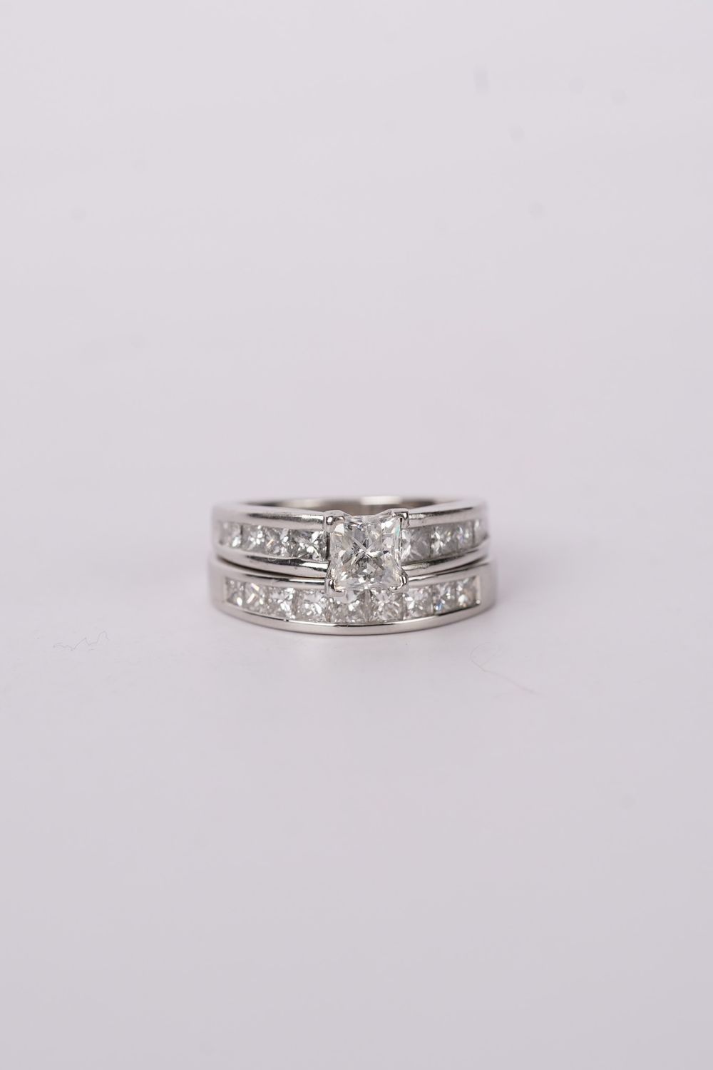 VTTT- Plat 16.07g 2.00ctw (1.00ctr) Princess Cut Diamond Wedding Set (size 7)