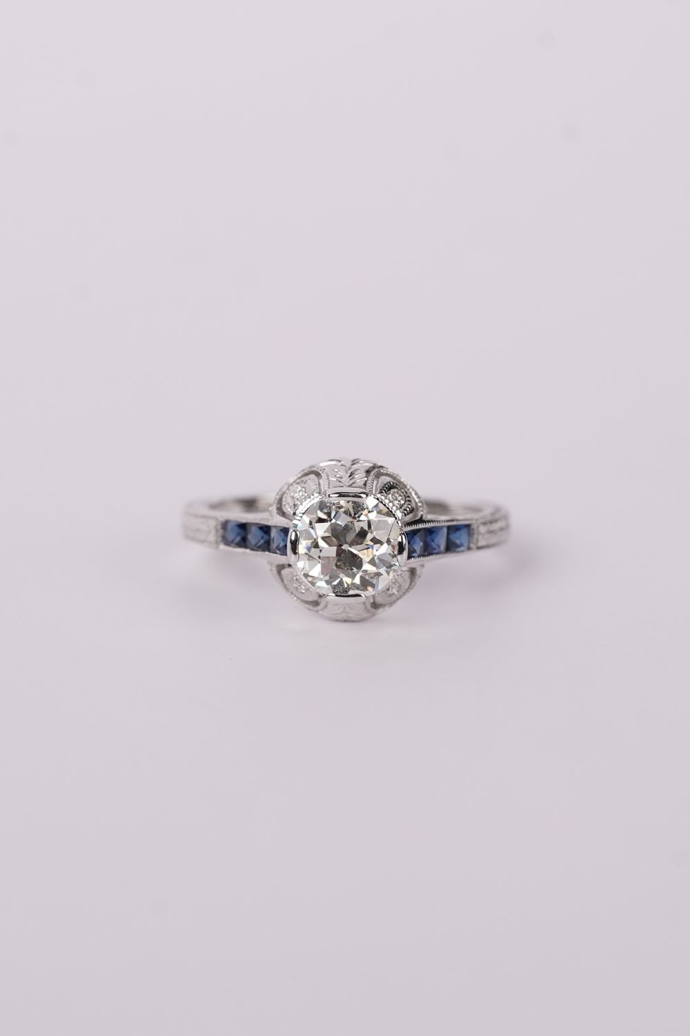 NRTT- 14KW 2.86g 1.33ctw (1.13ctw) I/VS2 European Cut Diamond &amp; Sapphire Vintage Ring (size 6.5)