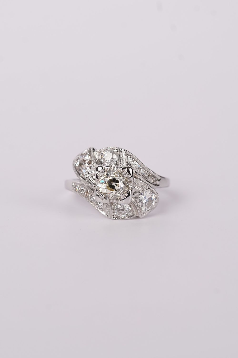 VRET- 14KW/Platinum 4.12g 1.72ctw (.78ctr) J/VS1 Old European Cut Diamond Antique Ring (size 8)