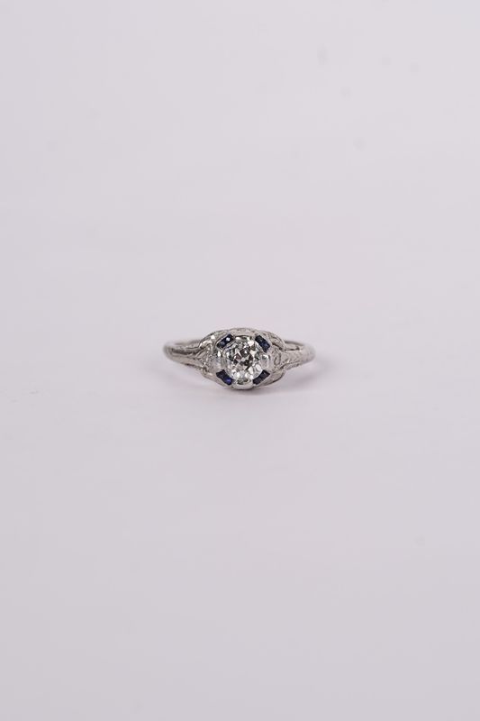 VEET- Platinum 4.36g .88ctw (.78ctr ) H/VS2 GIA European Cut Diamond &amp; Sapphire Vintage Ring (size 7)
