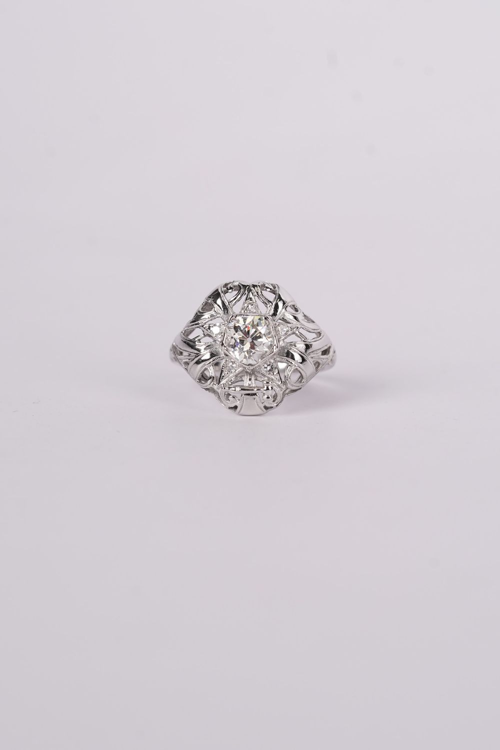 ADTT- 18KW 4.17g 1.18ctw (1.04ctr) J/SI2 European Cut Diamond Art Deco Ring (size 7.75)