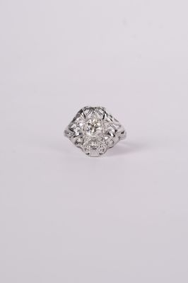 ADTT- 18KW 4.17g 1.18ctw (1.04ctr) J/SI2 European Cut Diamond Art Deco Ring (size 7.75)