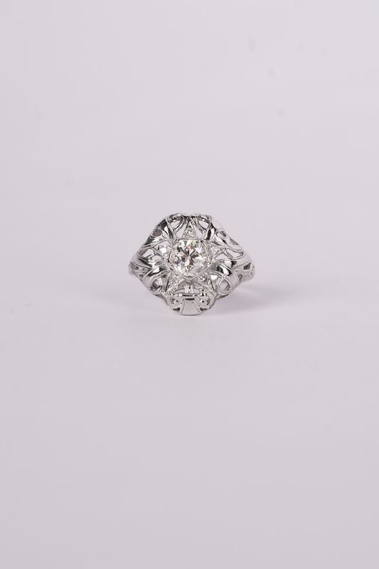 ADTT- 18KW 4.17g 1.18ctw (1.04ctr) J/SI2 European Cut Diamond Art Deco Ring (size 7.75)