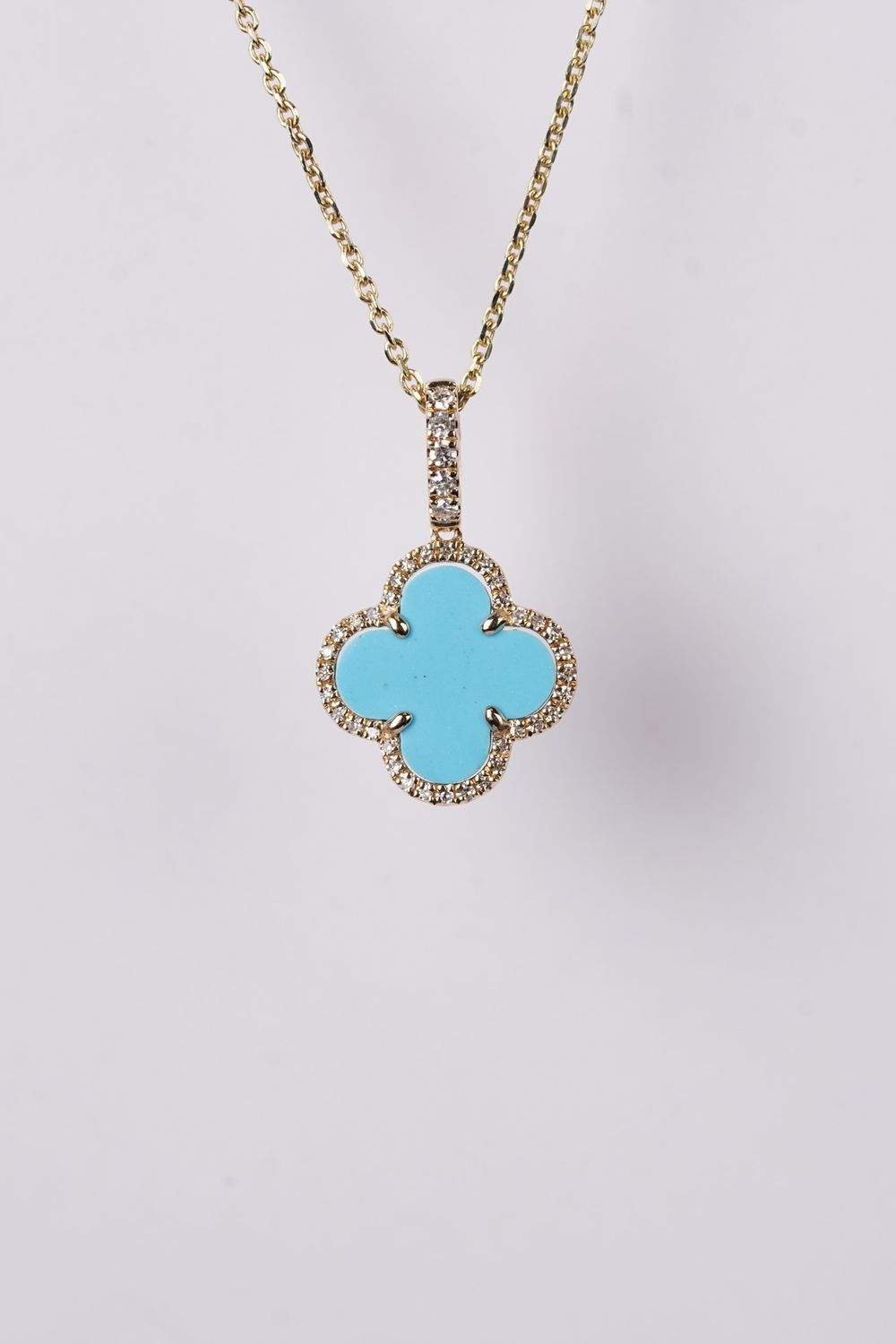 DVRX- 14KY 3.00g 1.19ctw Turquoise &amp; Diamond Alhambra Halo Necklace 16-18&quot;