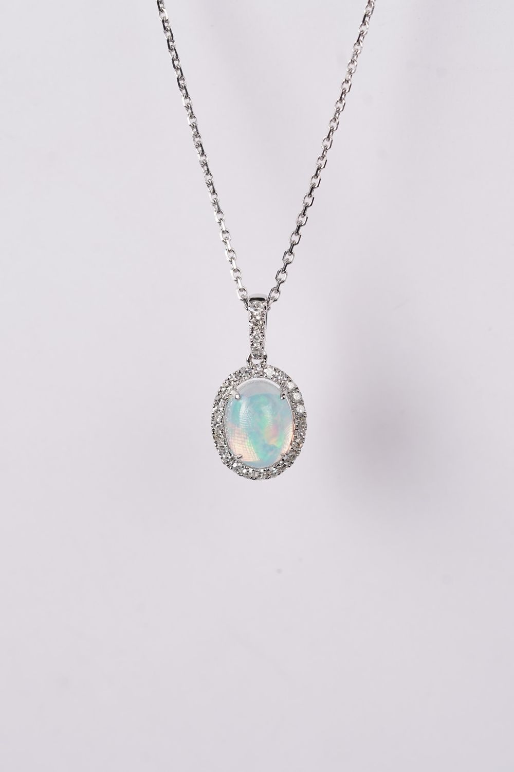 DVR- 14KW 2.55g .96ctw Opal &amp; Diamond Halo Necklace 16-18&quot;
