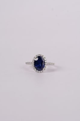 NIAT- 18KW 4.54g 2.64ctw (2.31ctr) Sapphire &amp; Diamond Halo Fashion Ring (size 6.5)