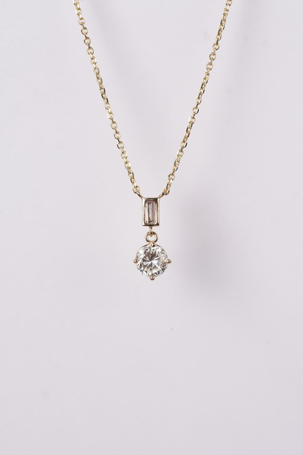 LTTX- 14KY 2.42g .82ctw Round &amp; Baguette Diamond Dangle Necklace 16-18&quot;