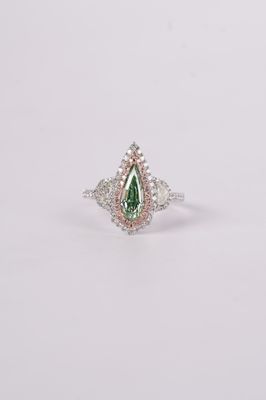 LITTX- 18KW 4.40g 1.96ctw (1.03ctr) LGY/VVS1 GIA Pear Diamond Halo Engagement Ring (size 6.5)